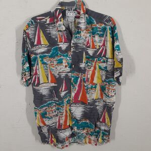 Newport Blue Adult Mens S Short Sleeve Button Up Sailboat Print Hawaiin Shirt